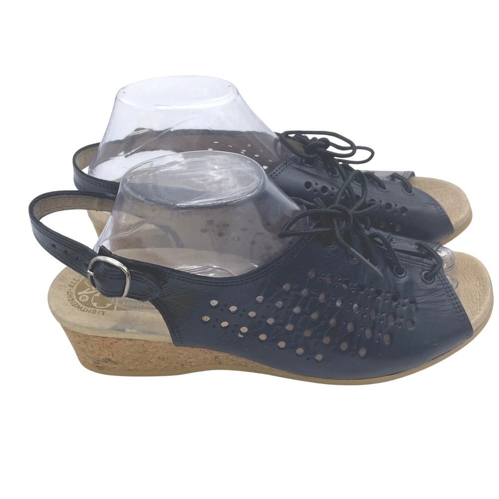 SAS Trio II Black Leather Lace Up Slingback Wedge Sandals Womens 10.5 M USA